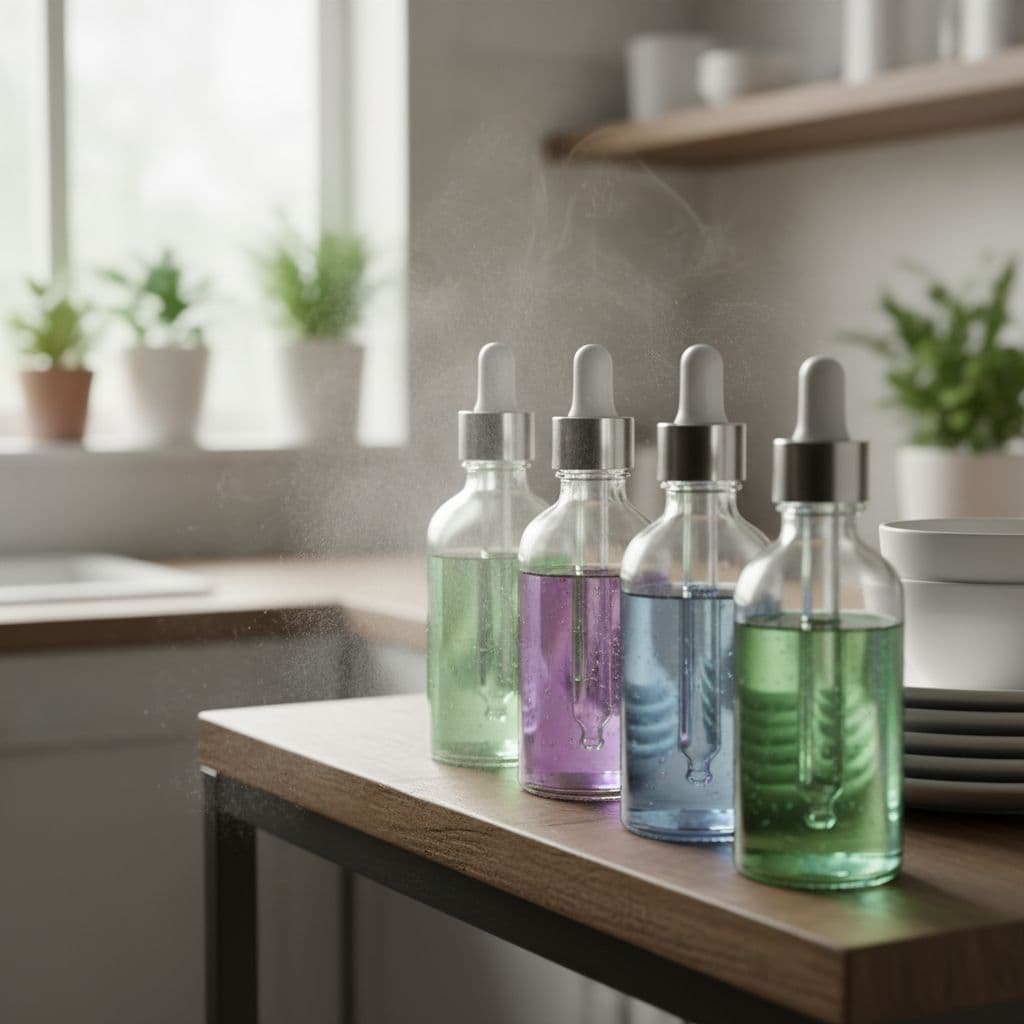 زجاجات زيوت عطرية طبيعية موضوعة في مطبخ منزلي نظيف