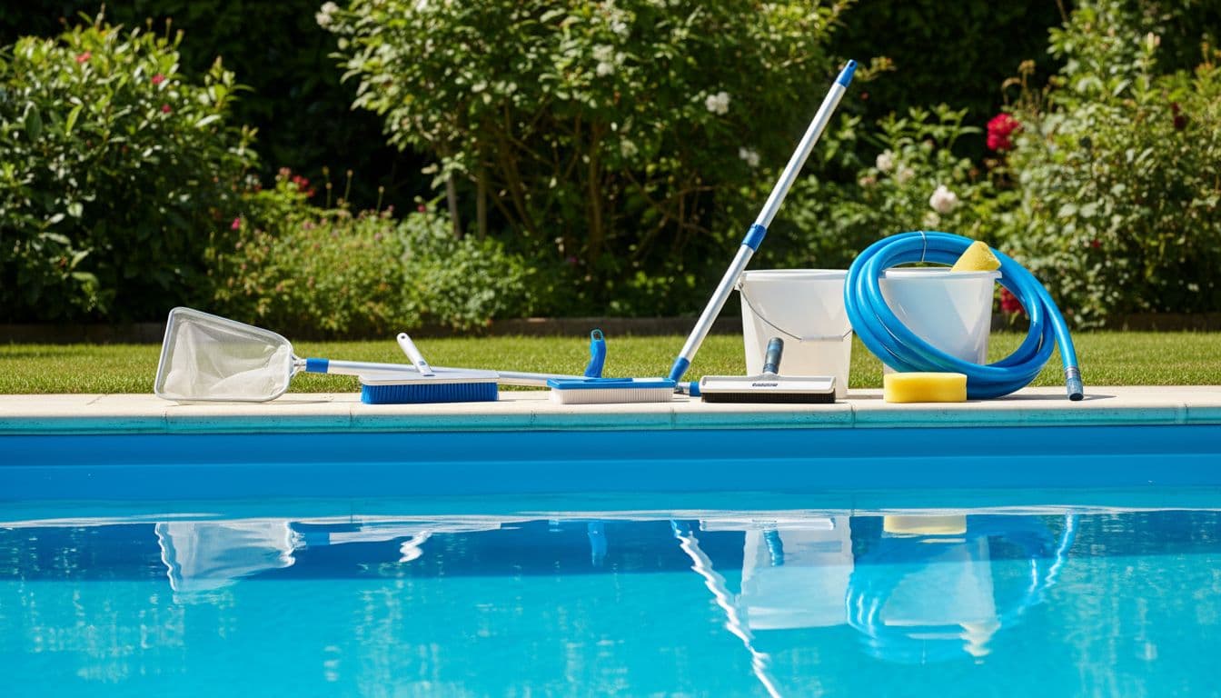 أدوات تنظيف مسبح منزلي موضوعة على حافة مسبح أزرق في حديقة