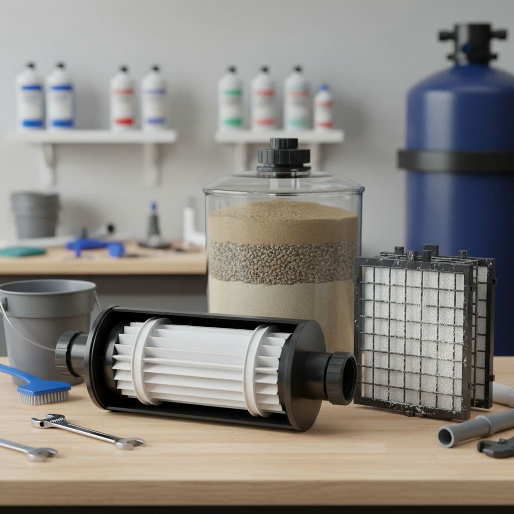 مقارنة بين فلتر رملي وكارتريدج وDE على طاولة عمل