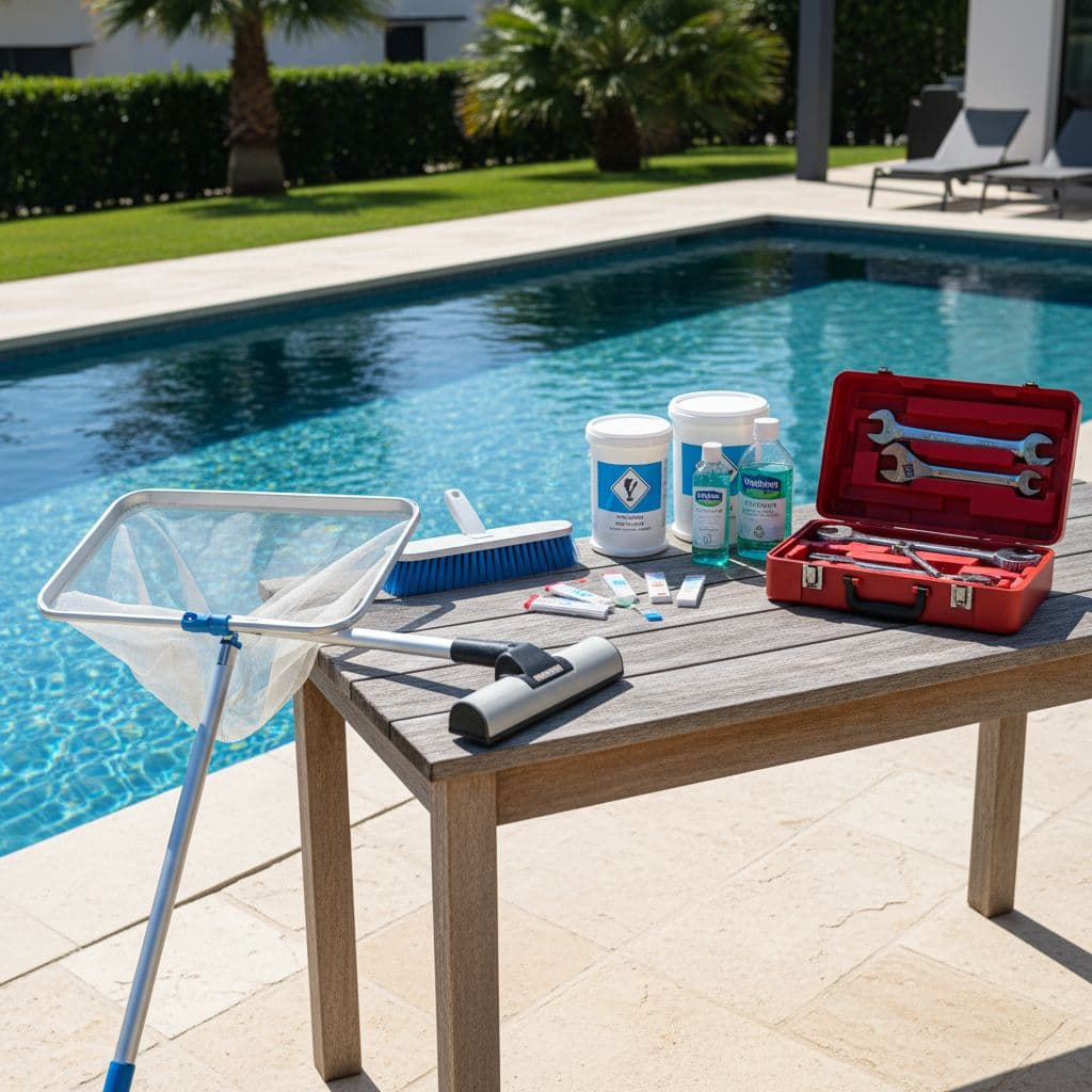 أدوات صيانة مسبح مرتبة قرب المسبح
