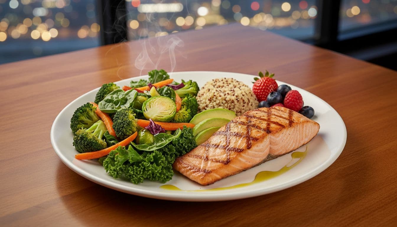 Overhead view of a balanced dinner plate using the simple plate method for weight loss: half filled with colorful non-starchy vegetables like broccoli and carrots, palm-sized grilled salmon or chicken, fist-sized quinoa or berries, and thumb-sized olive oil or avocado, on a white plate in a cozy Chicago restaurant.