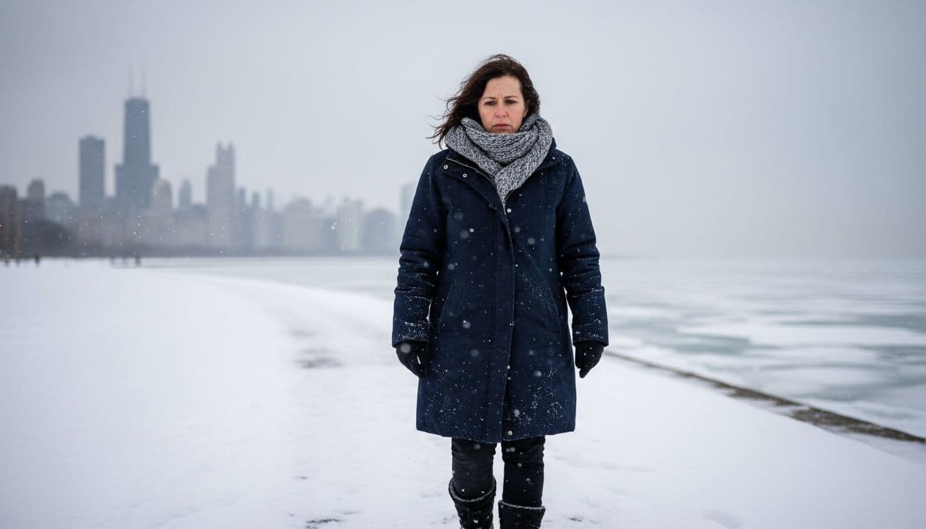 Woman walking along a snowy Chicago lakefront looking tired and thoughtful, with the skyline in the background, capturing winter blues and fatigue.