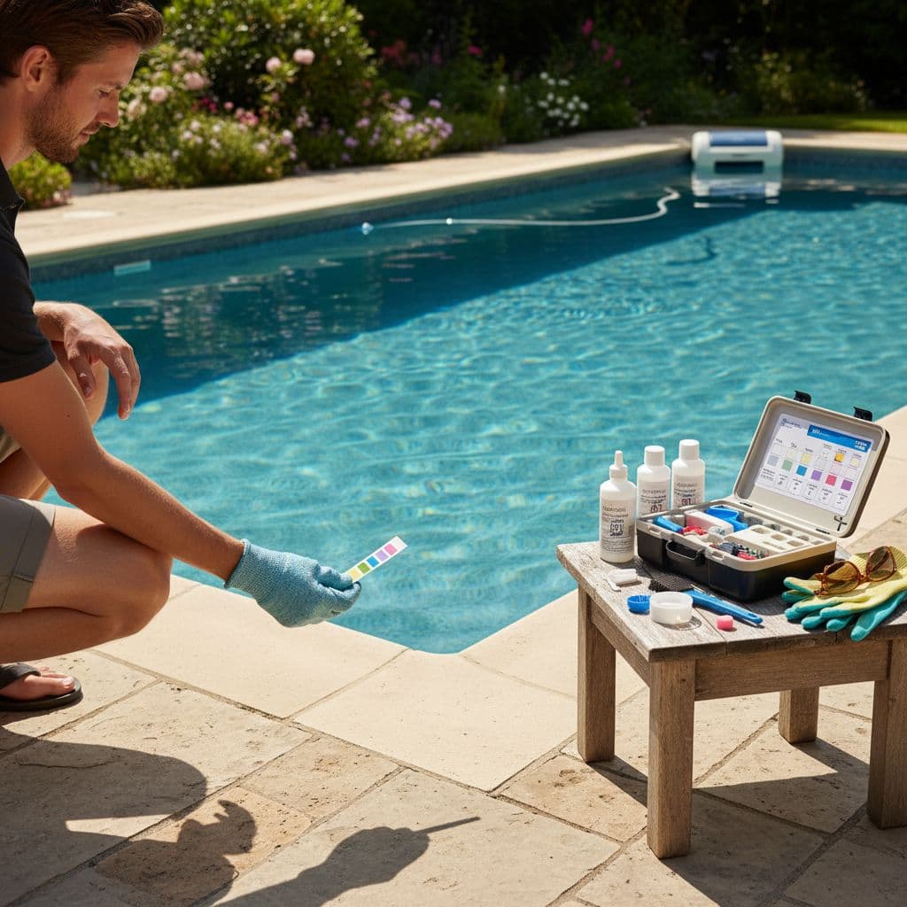 شخص يختبر كيمياء مياه المسبح بشرائط فحص