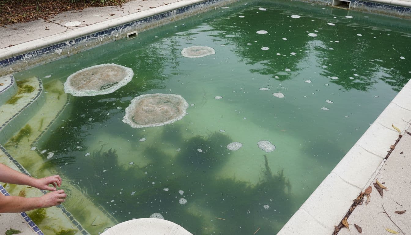 مسبح بماء عكر أخضر مع طحالب وترسبات على الجدران