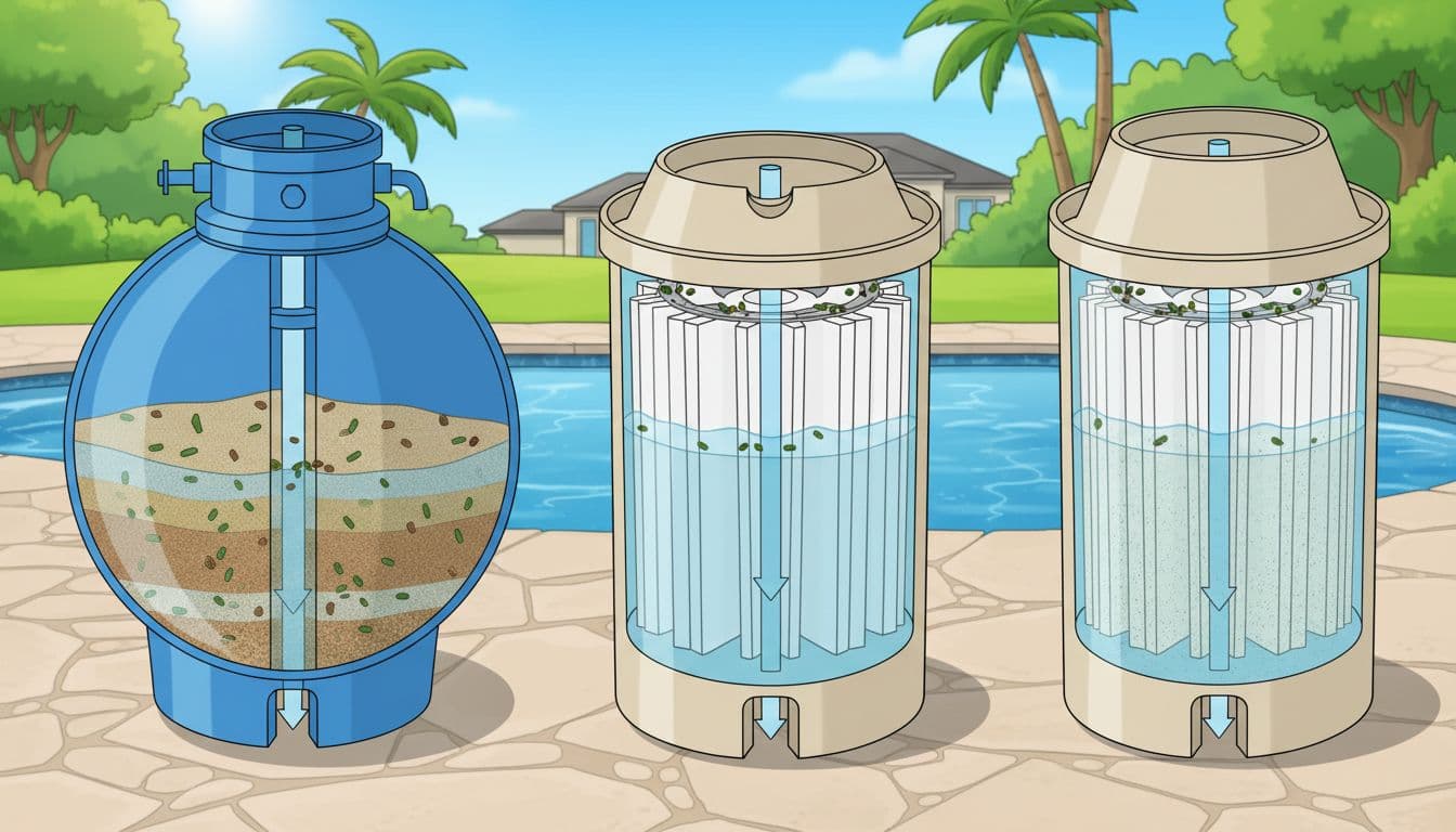 مقارنة بين فلتر رملي وفلتر خرطوشي وفلتر DE بجانب مسبح