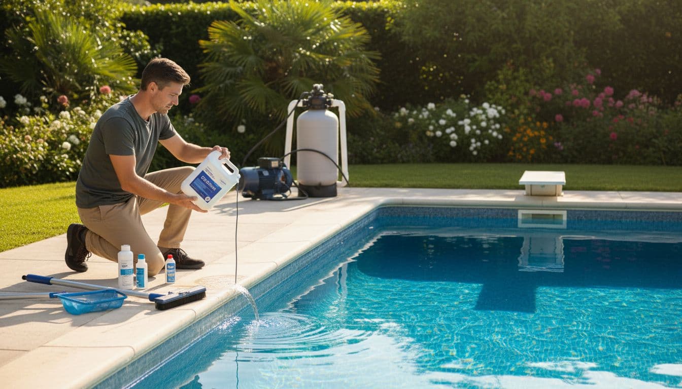 شخص يقيس pH ويضيف كلور إلى مسبح نظيف صافي الماء