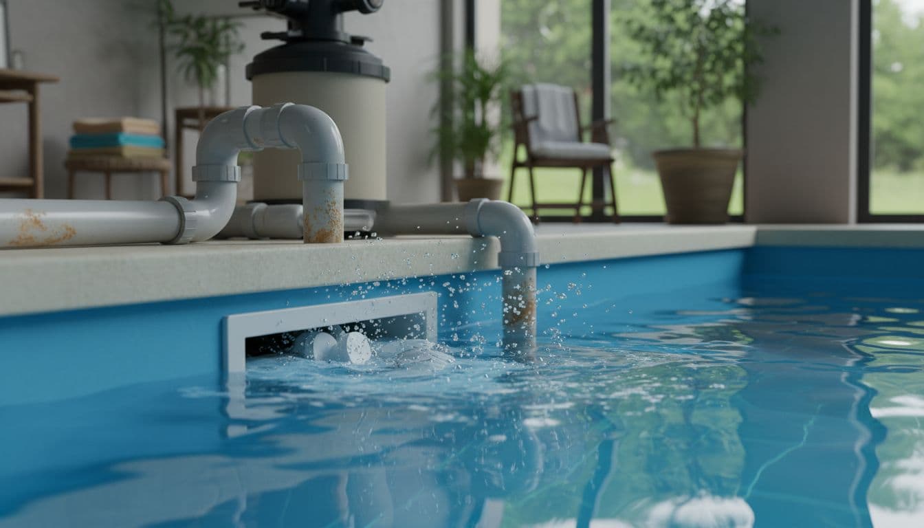 أقراص كلور تذوب داخل سكيمر مسبح مع مؤشرات تآكل على المواسير