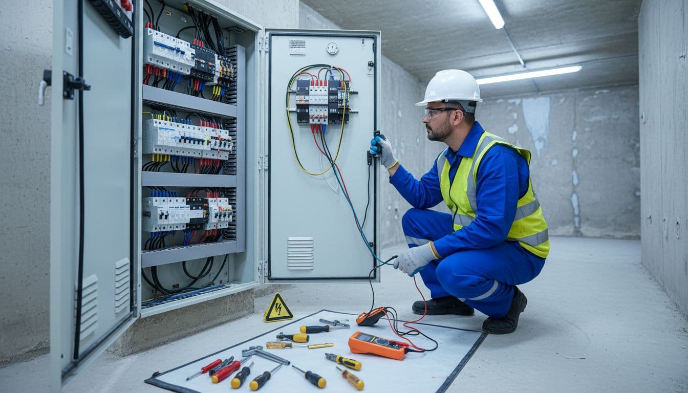 فني صيانة يفحص لوحة كهرباء في مبنى سكني