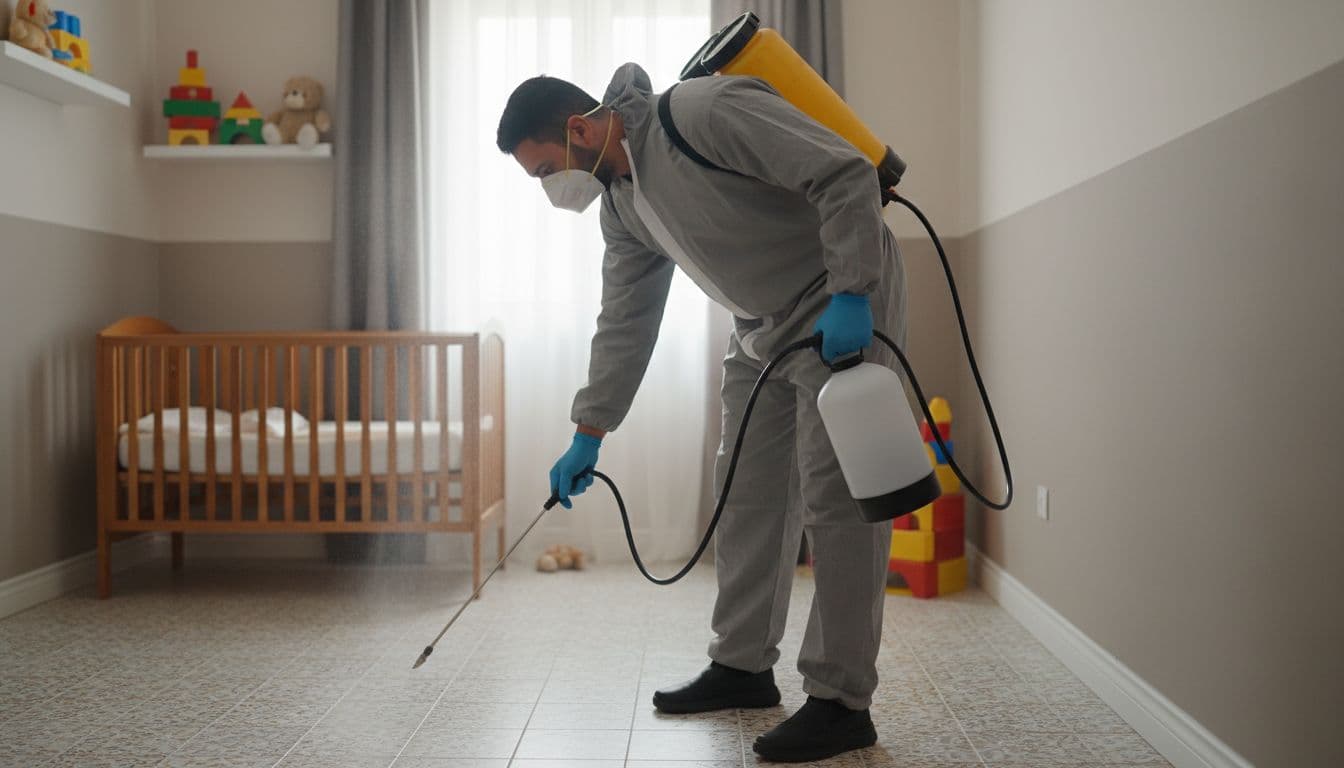 فني محترف لمكافحة الحشرات يرش مادة آمنة في منزل عائلي