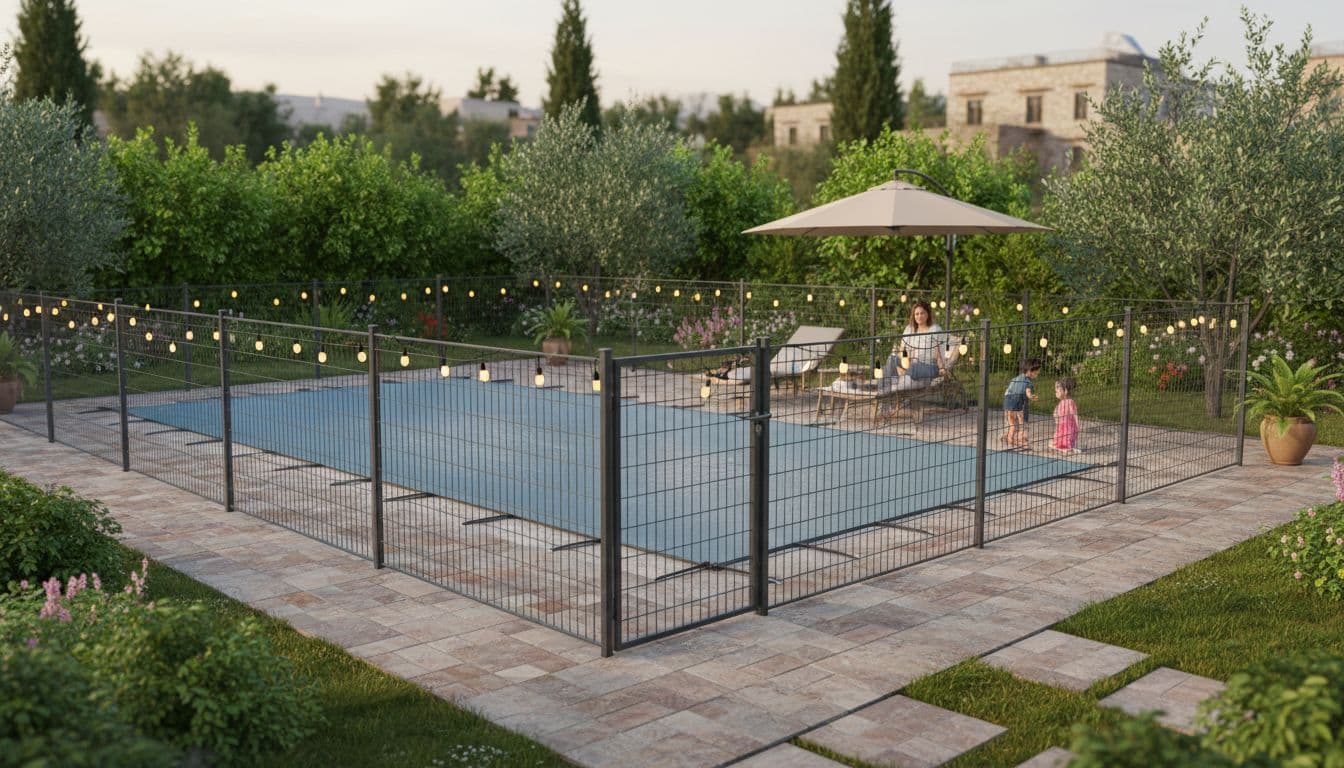 مسبح منزلي آمن مع سياج وأطفال يلعبون تحت إشراف الأم