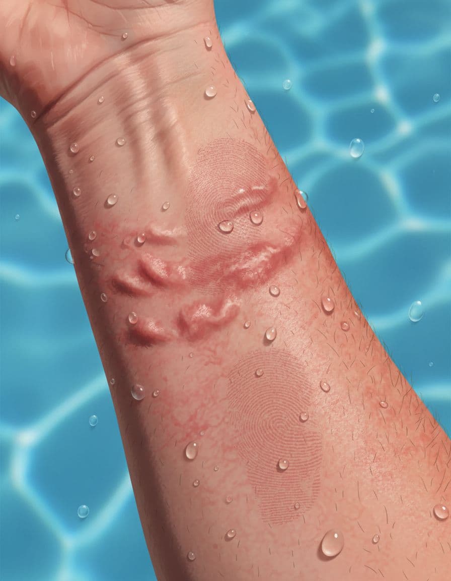 شخص يحك جلده المحمر في الذراع بعد السباحة في المسبح