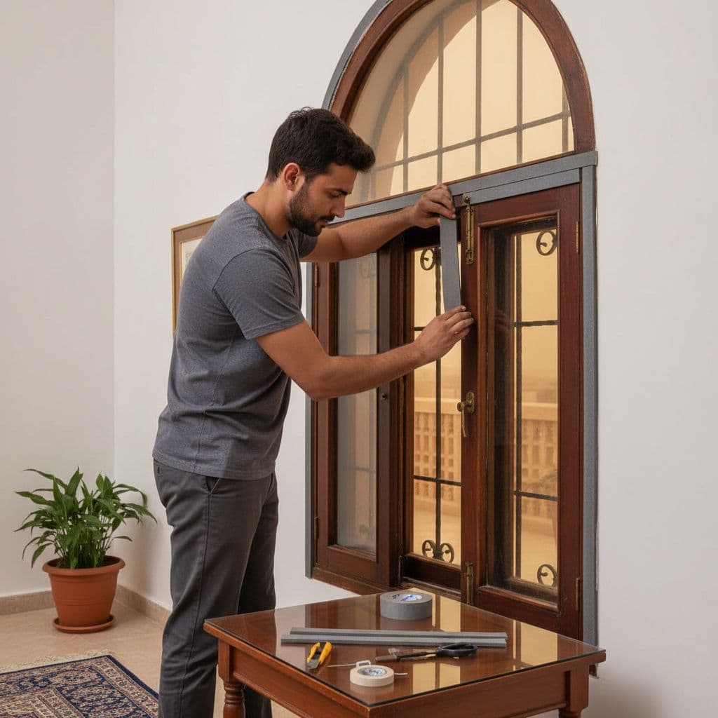 شخص يسد فجوات نافذة بشرائط إسفنجية عازلة قبل عاصفة غبارية