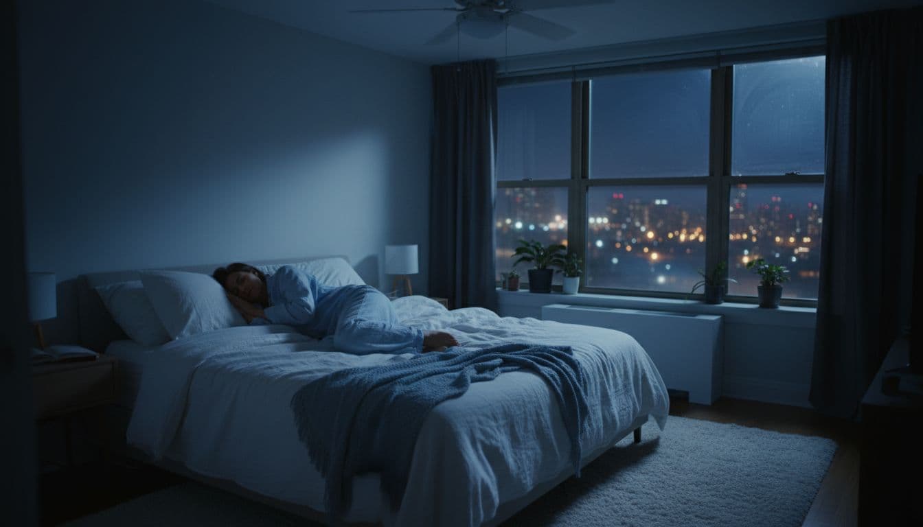 Serene Chicago bedroom at night with a woman sleeping peacefully in a cool, dark room.