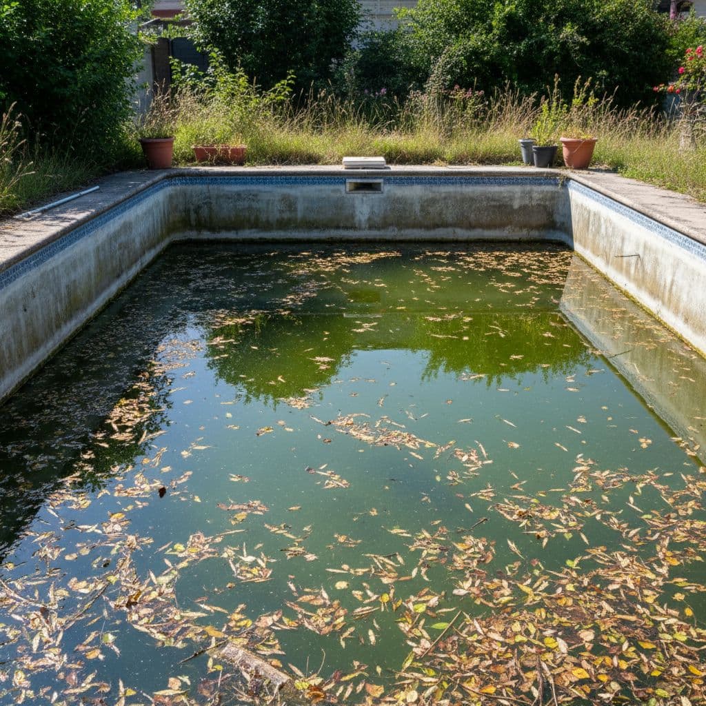 مسبح منزلي صغير بماء أخضر في الصيف بسبب الطحالب