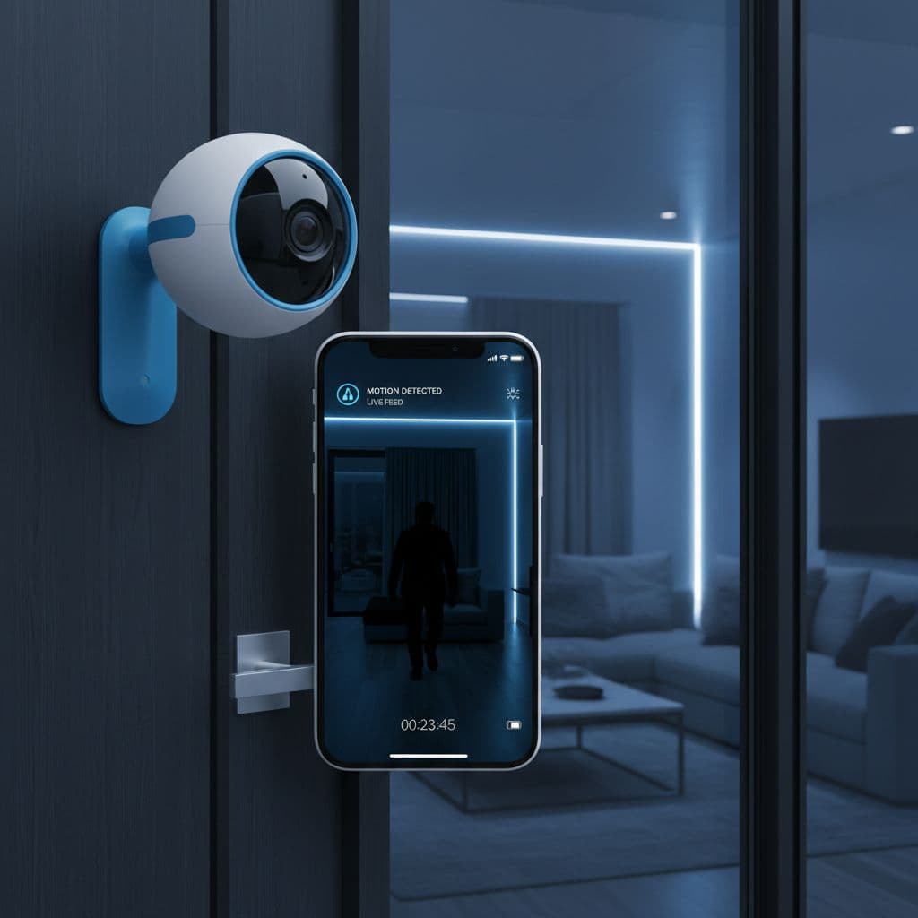 كاميرا مراقبة ذكية متصلة بهاتف يعرض بثًا مباشرًا