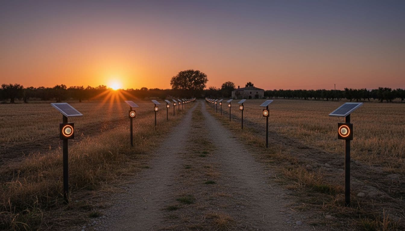 مصابيح شمسية على طول ممر طويل في مزرعة عند الغروب