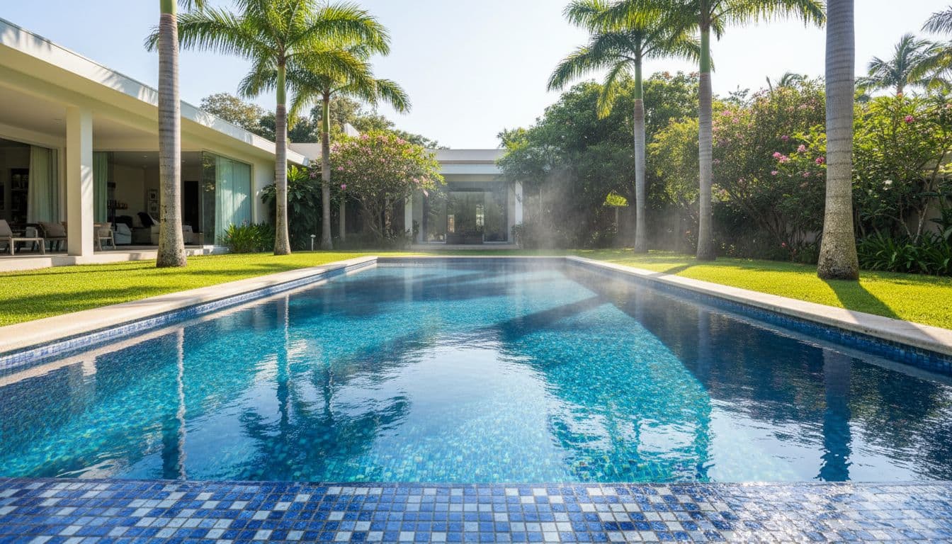 مسبح منزلي في حديقة خلفية مع تبخّر خفيف من سطح الماء