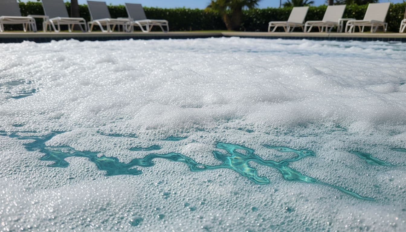 سطح مياه مسبح مع رغوة وفقاعات بيضاء ثابتة تشبه الصابون