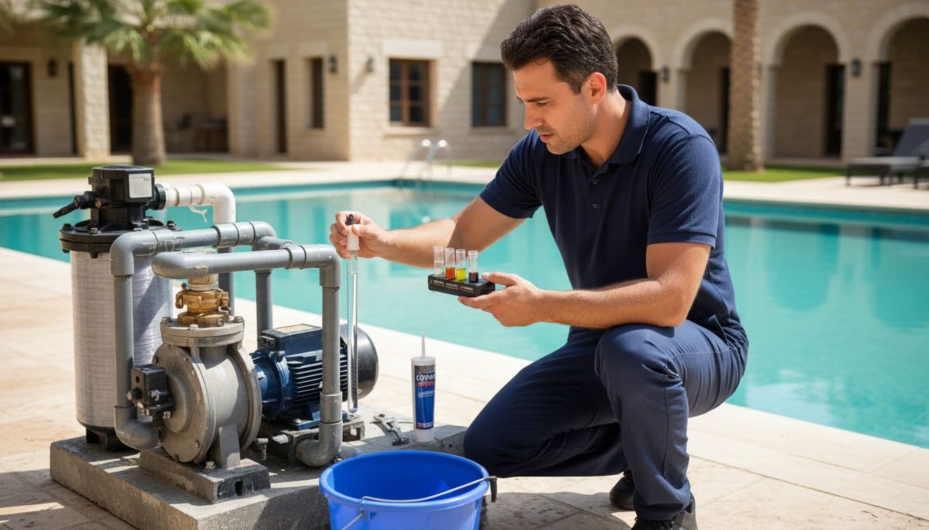 فني صيانة يراجع مستوى الماء ويصلح تسرب قرب مضخة المسبح في حديقة منزل