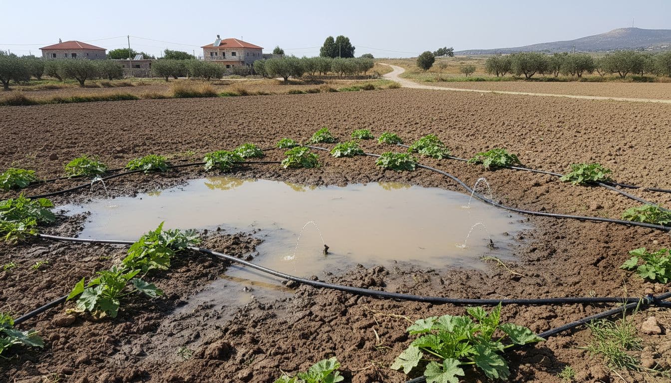 مزرعة صغيرة في سوريا مع تجمع مياه وأنابيب ري بالتنقيط متسربة