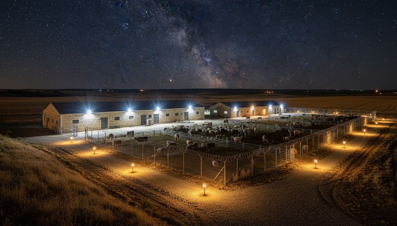 مزرعة كبيرة في سوريا ليلًا مع إضاءة خارجية موزعة على المداخل والحظائر والممرات