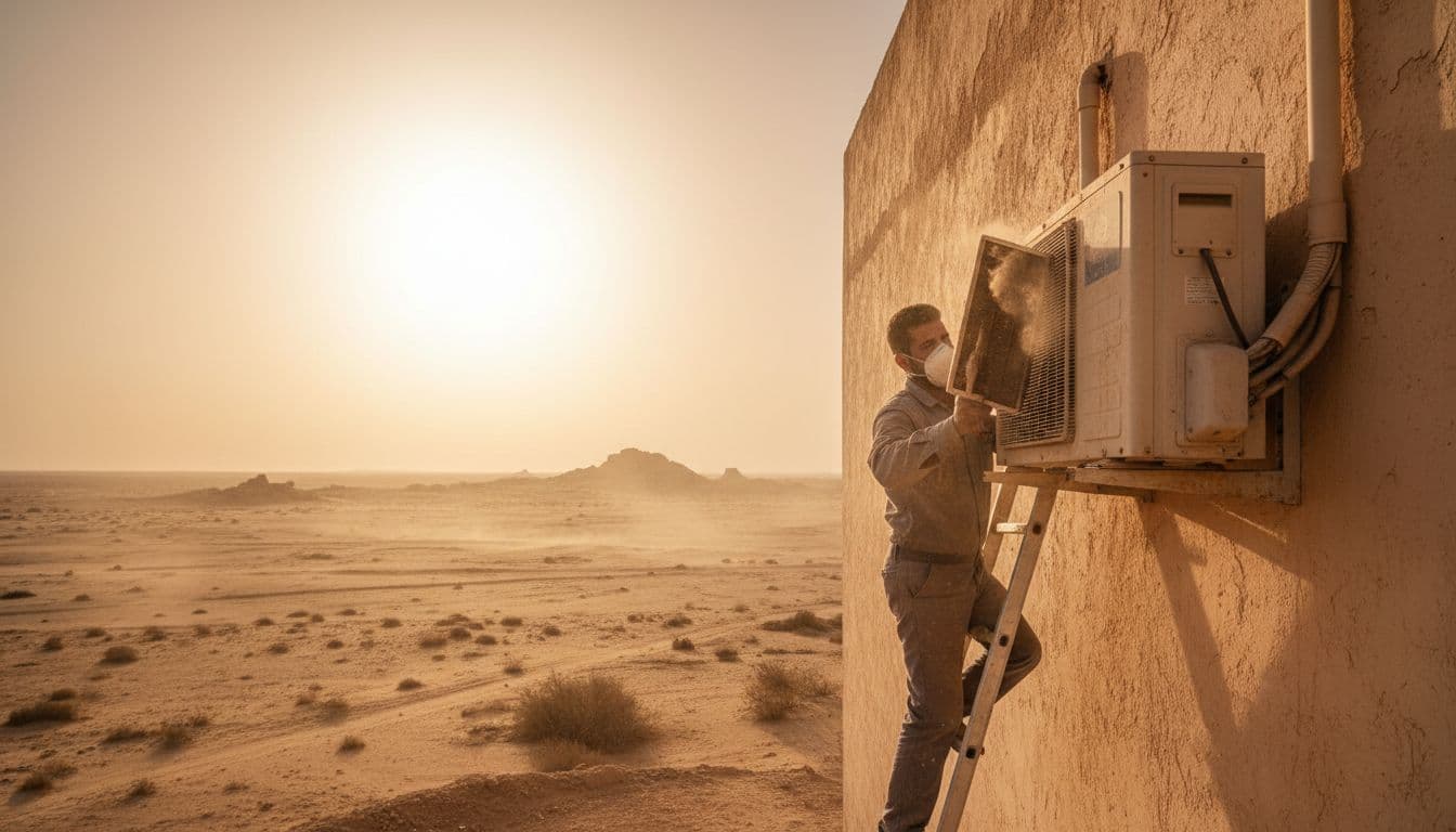 تنظيف وحدة المكيف الخارجية في جو صيفي حار وغباري