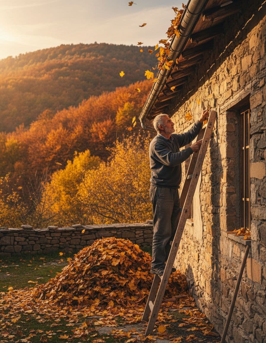فحص المزاريب والجدران حول منزل سوري في الخريف