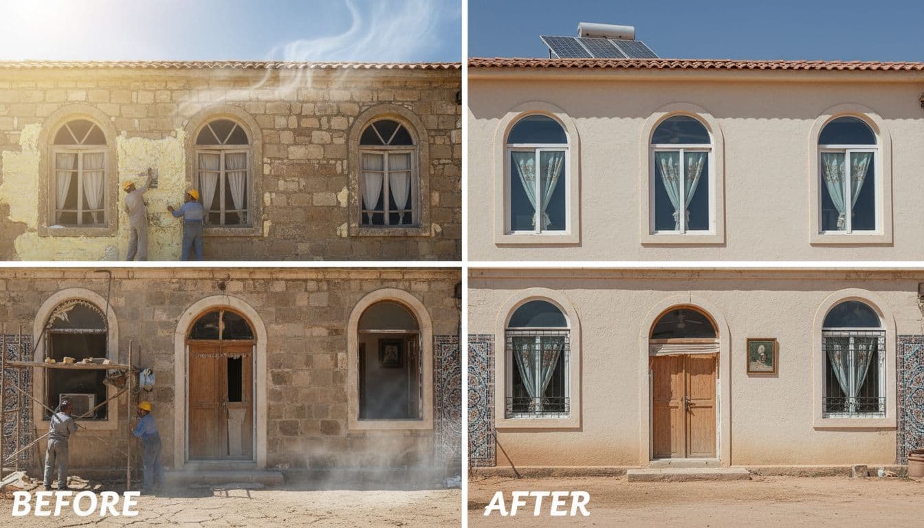تحسين عزل منزل سوري مع نوافذ مزدوجة وألواح شمسية على السطح