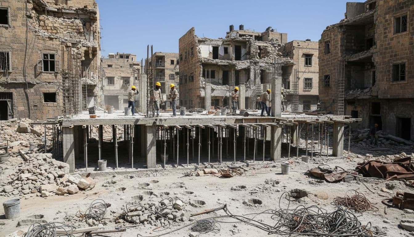 موقع بناء في مدينة سورية متضررة مع عمّال يرتدون خوذات ويعملون بحذر