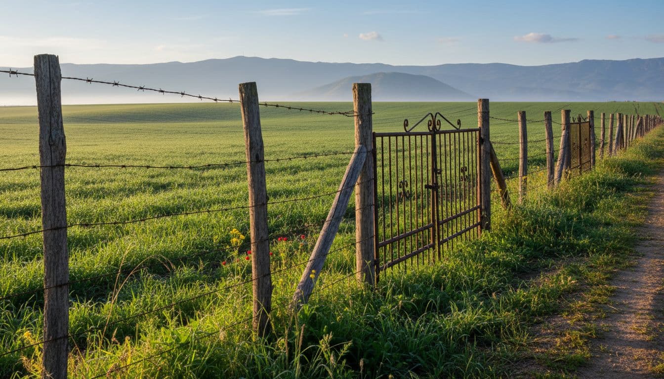 سور مزرعة ريفية في سوريا مع بوابة حديدية وأراضٍ خضراء