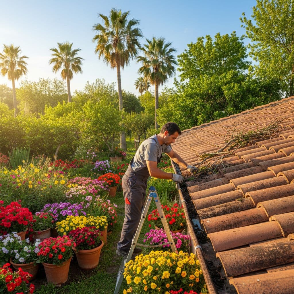 تنظيف السطح والمزاريب في بيت سوري في فصل الربيع