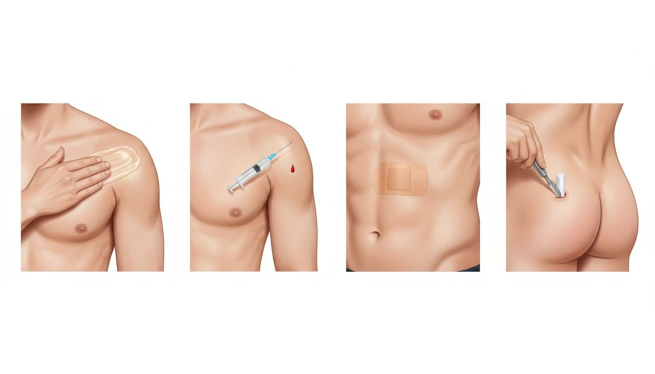 Visual overview of testosterone therapy options including gel, injections, patch, and pellets