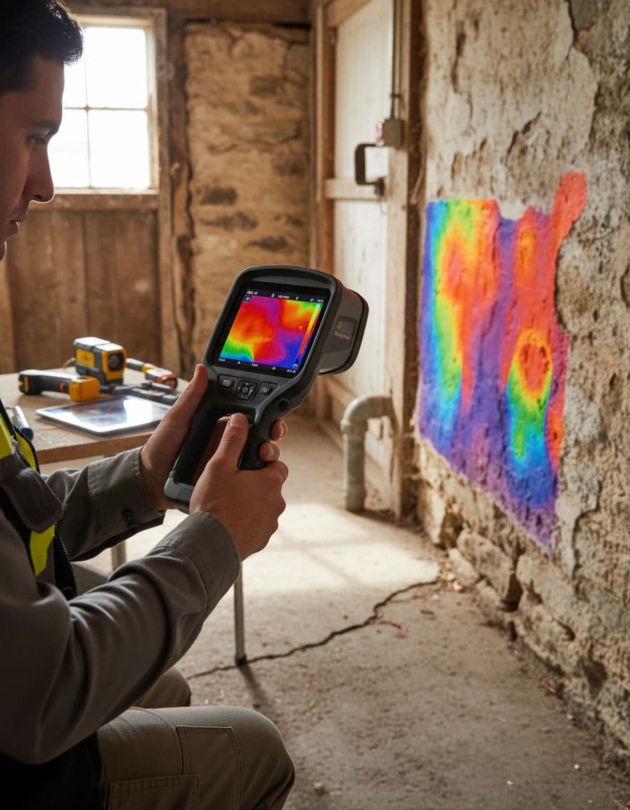 شخص يستخدم كاميرا حرارية محمولة لفحص جدار وتحديد مكان التسرب