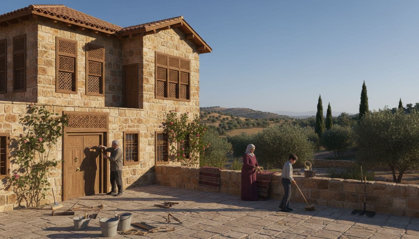 عائلة سورية تقوم بصيانة منزل تقليدي في ضواحي دمشق