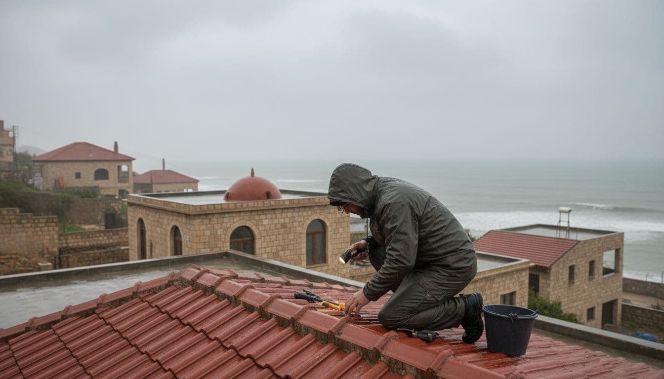 منزل سكني تقليدي في سوريا خلال شتاء ممطر مع عامل صيانة يفحص السقف