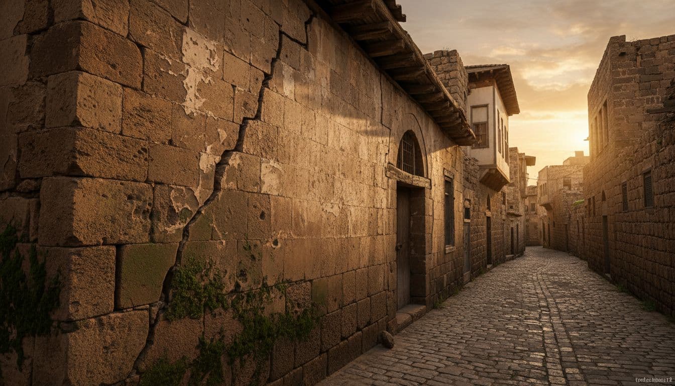 منزل سوري حجري قديم في دمشق مع تشققات ورطوبة