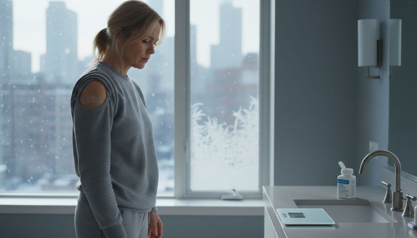 Woman standing on a scale with an HRT patch in a Chicago apartment