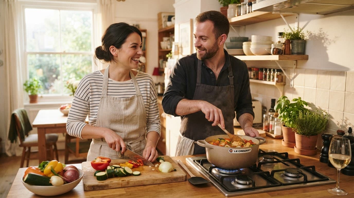 A couple cooks together as one chops vegetables and the other stirs a pot.