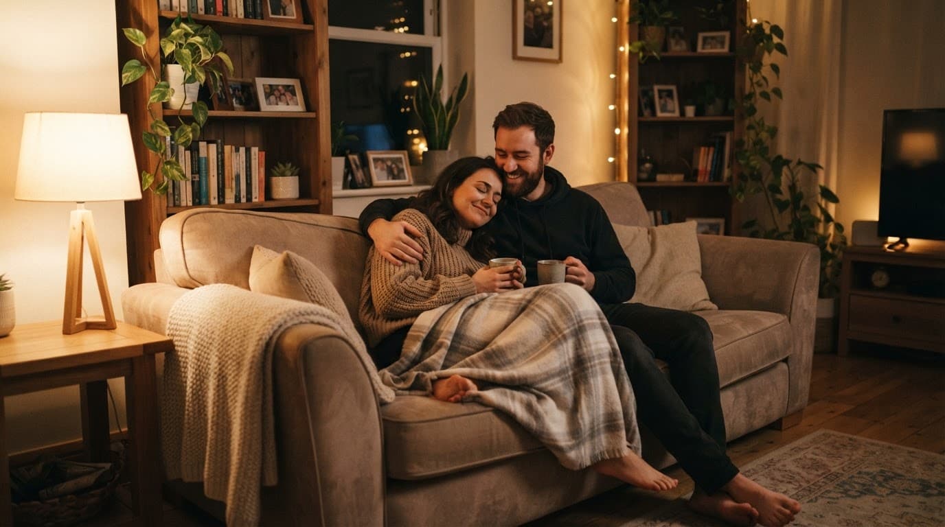 A couple cuddles on a couch under the warm glow of a lamp.