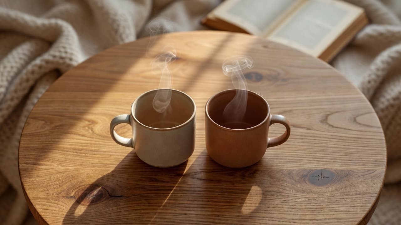 A top-down view captures two steaming ceramic mugs resting on a light wooden tabletop. Warm sunlight filters across the surface, creating an intimate, peaceful atmosphere for a quiet morning session.
