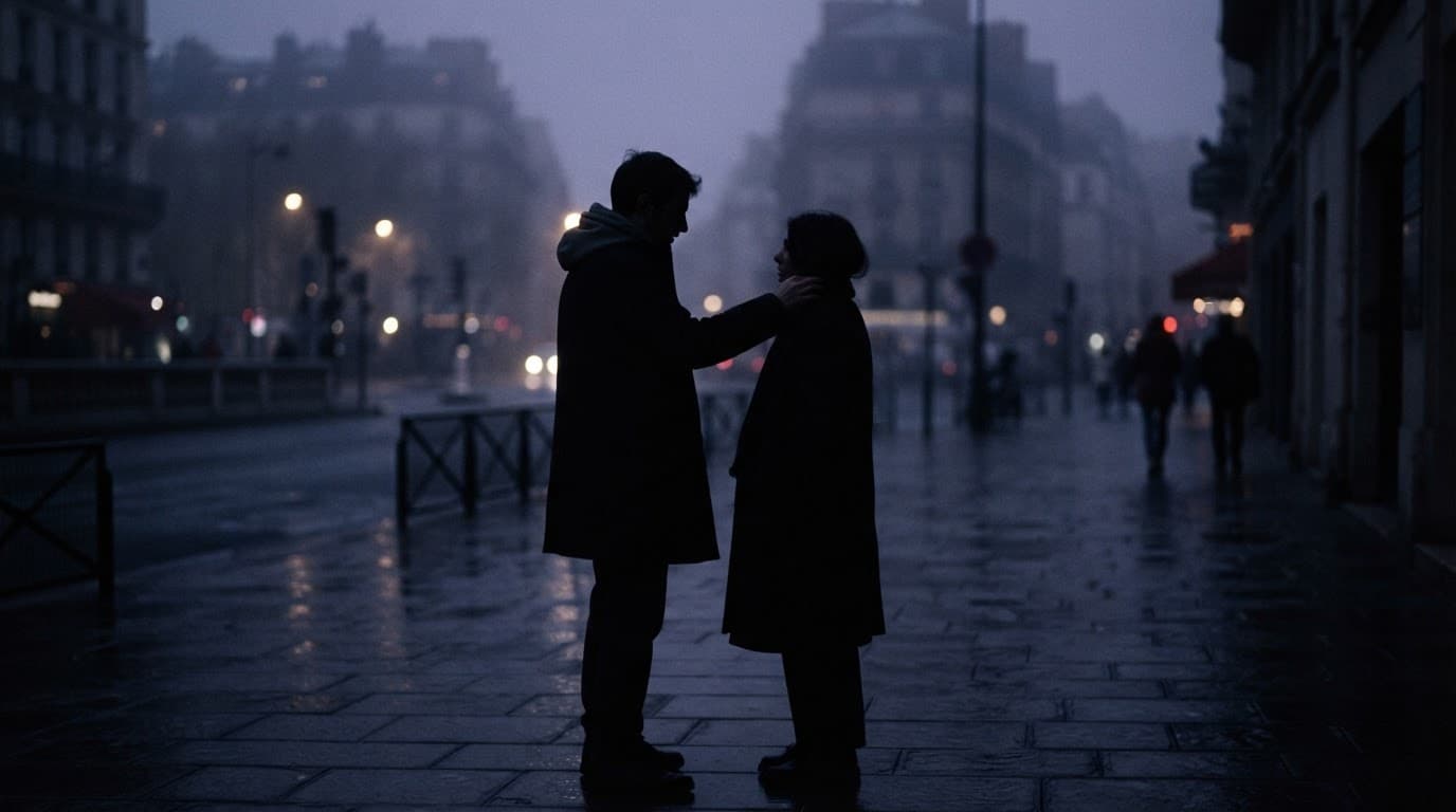 Two people stand close together on a foggy city street at dusk.