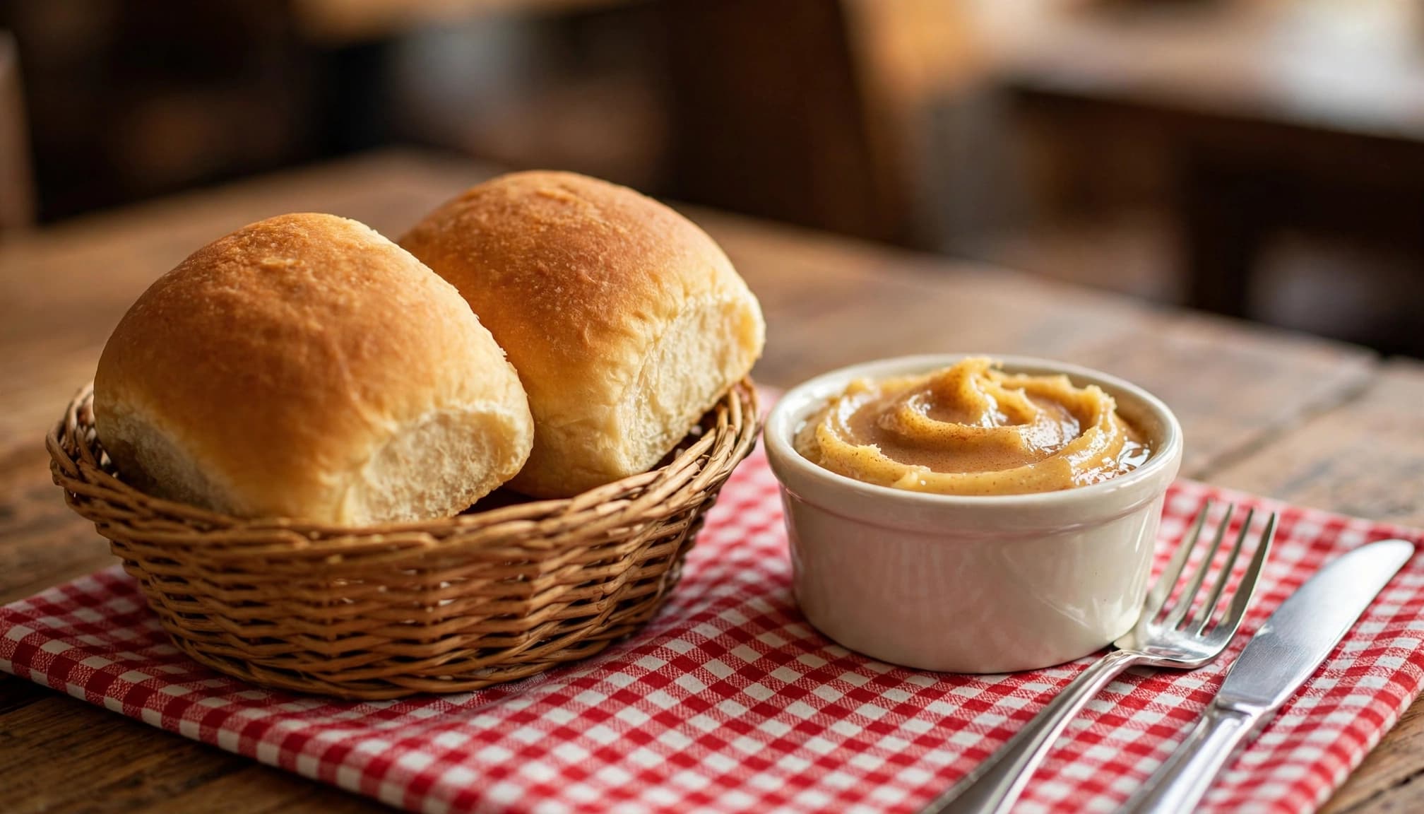 Texas Roadhouse Bread Calories: A Practical Tracking Guide 1 Two golden rolls sit beside a small ramekin of honey cinnamon butter.