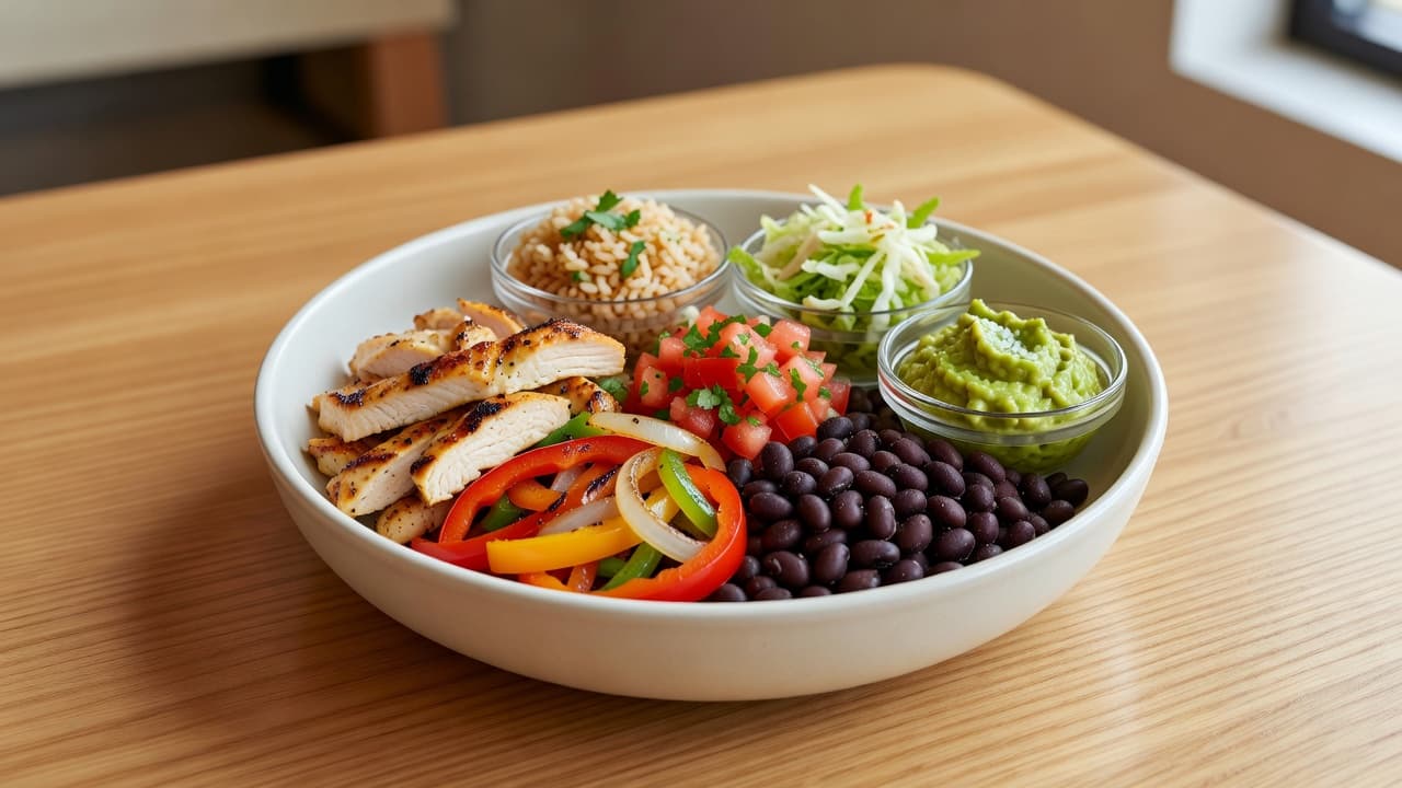 A vibrant burrito bowl featuring seasoned grilled chicken, black beans, and colorful sautéed vegetables sits on a rustic wooden table. Fresh salsa is spooned over the ingredients under soft natural lighting.