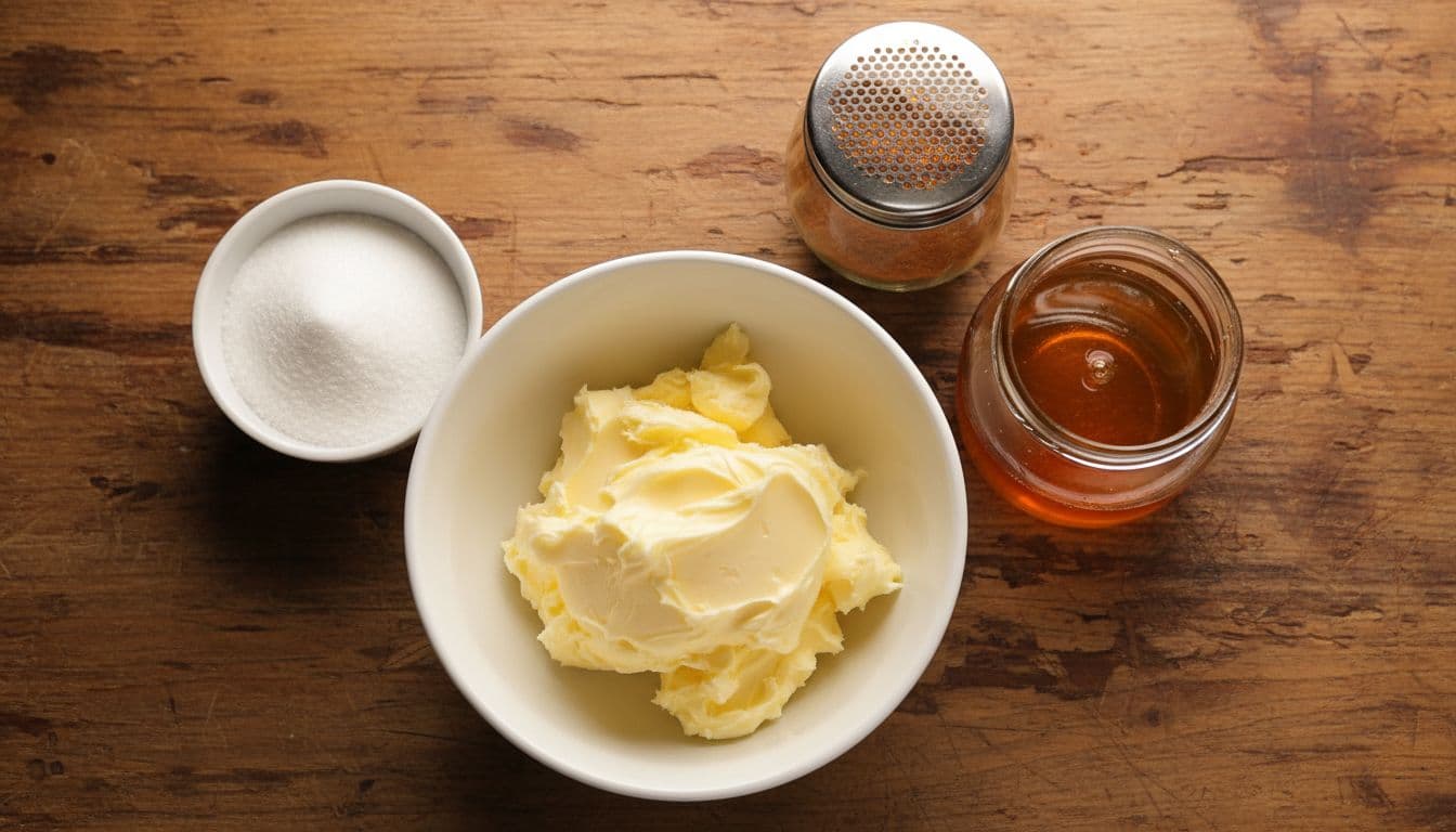Texas Roadhouse Butter Calories and Portion Tips 2 Texas Roadhouse Butter Calories - Top-down close-up of softened butter bowl, honey jar, cinnamon shaker, and powdered sugar bowl on rustic kitchen counter.