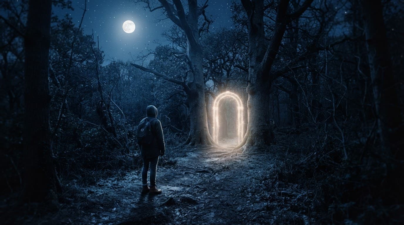 A lone person faces a glowing doorway in a dark moonlit forest.