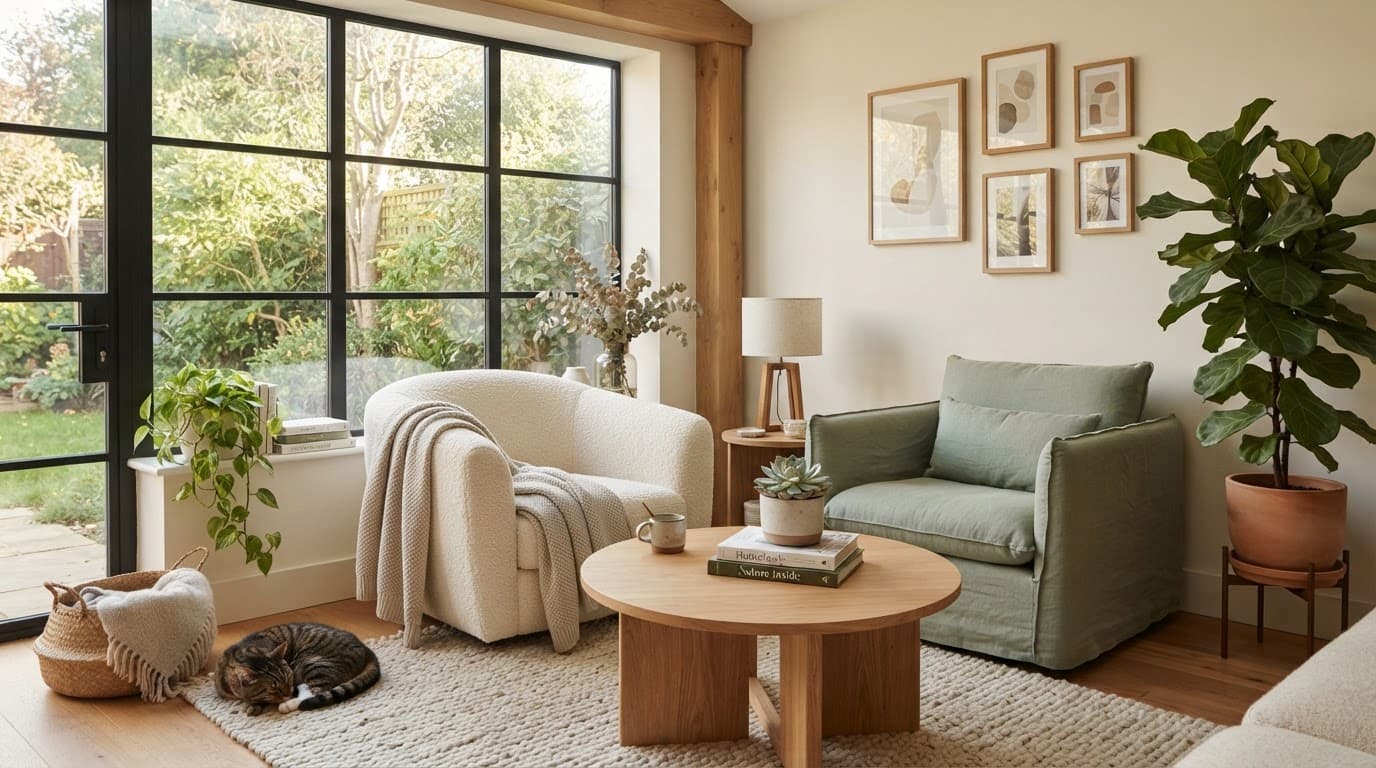 Two armchairs and a coffee table in a sunny living room with plants.