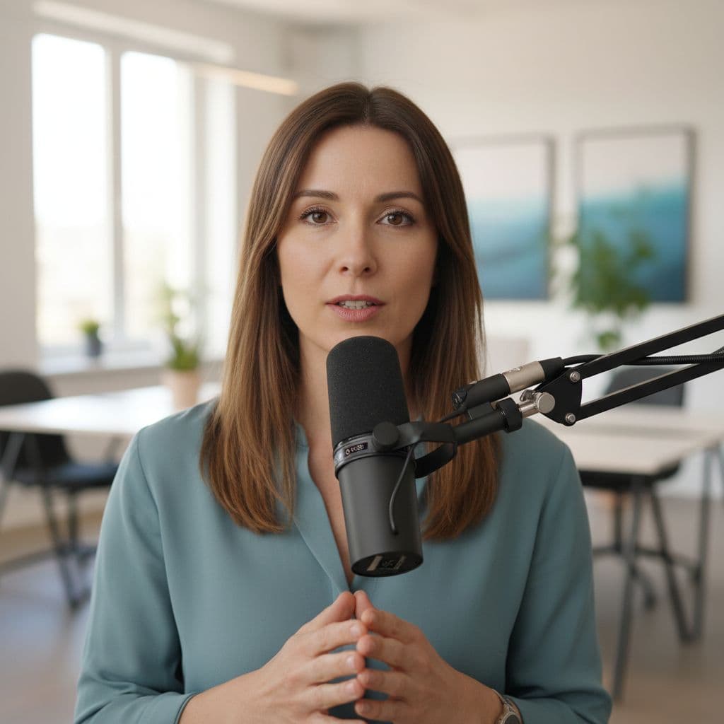 Close-up of person speaking into professional studio microphone with soft-focus modern office background.