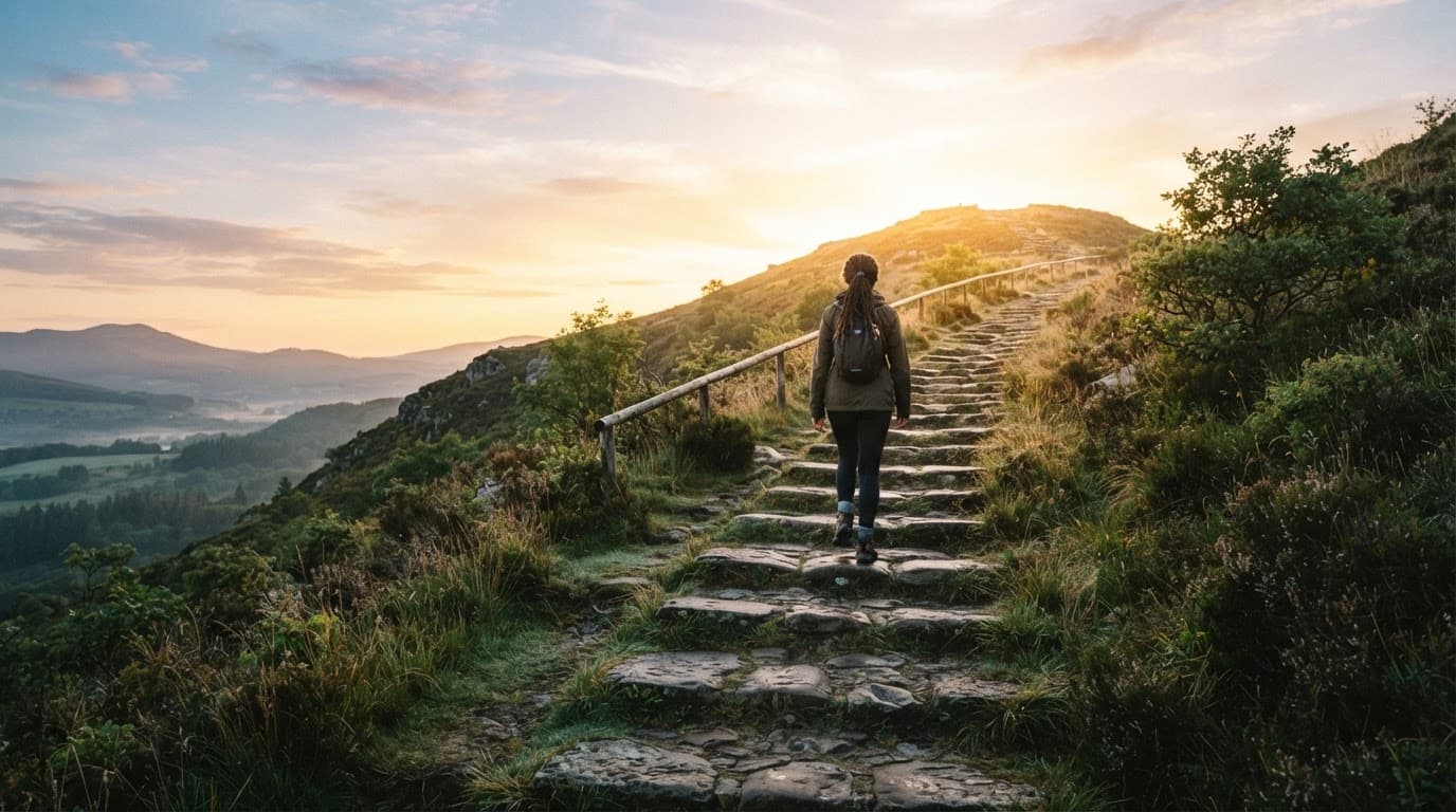 A person climbs stone steps toward golden sunrise light on a hill.