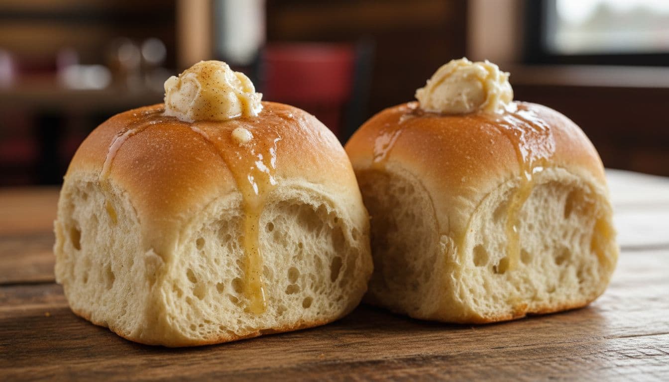 Texas Roadhouse Butter Calories and Portion Tips 1 Texas Roadhouse Butter Calories - Two soft dinner rolls on wooden table topped with melting creamy golden honey cinnamon butter.