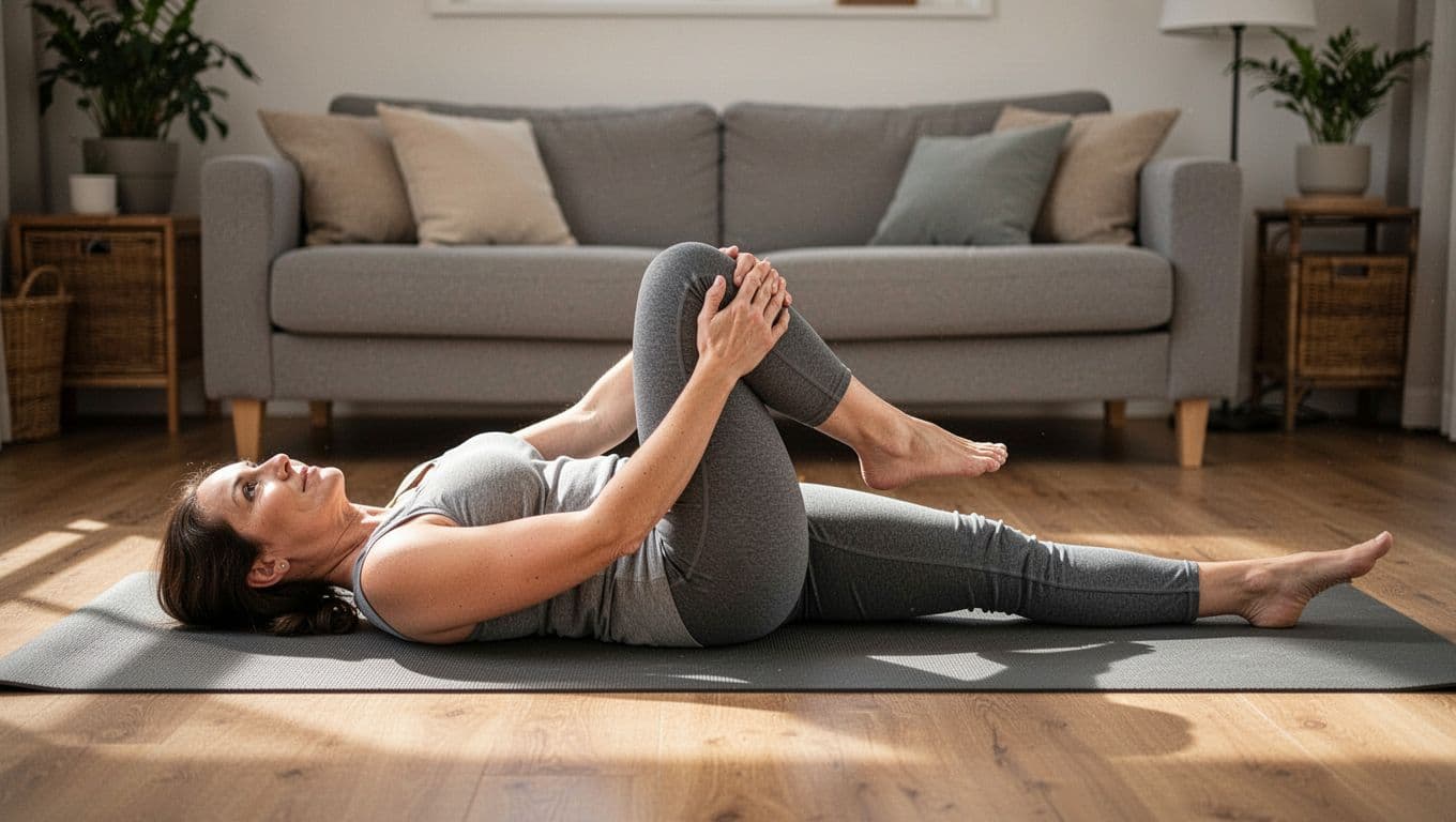 One beginner adult in casual home clothes lies on their back on a yoga mat in a living room, hugging one knee gently toward the chest with both hands while extending the other leg straight, with a relaxed calm facial expression.